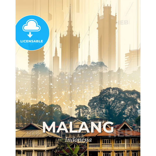 Malang Skyline Double Exposure Art Poster - A city with many buildings and trees - Square format print template