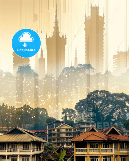 Malang Skyline Double Exposure Art Poster - A city with many buildings and trees