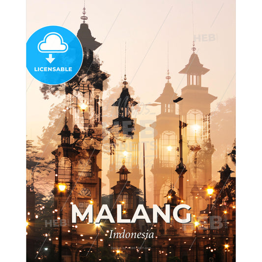 Malang City Skyline Double Exposure Art on Beige - A double exposure of a building with a tower and trees - Square format print template