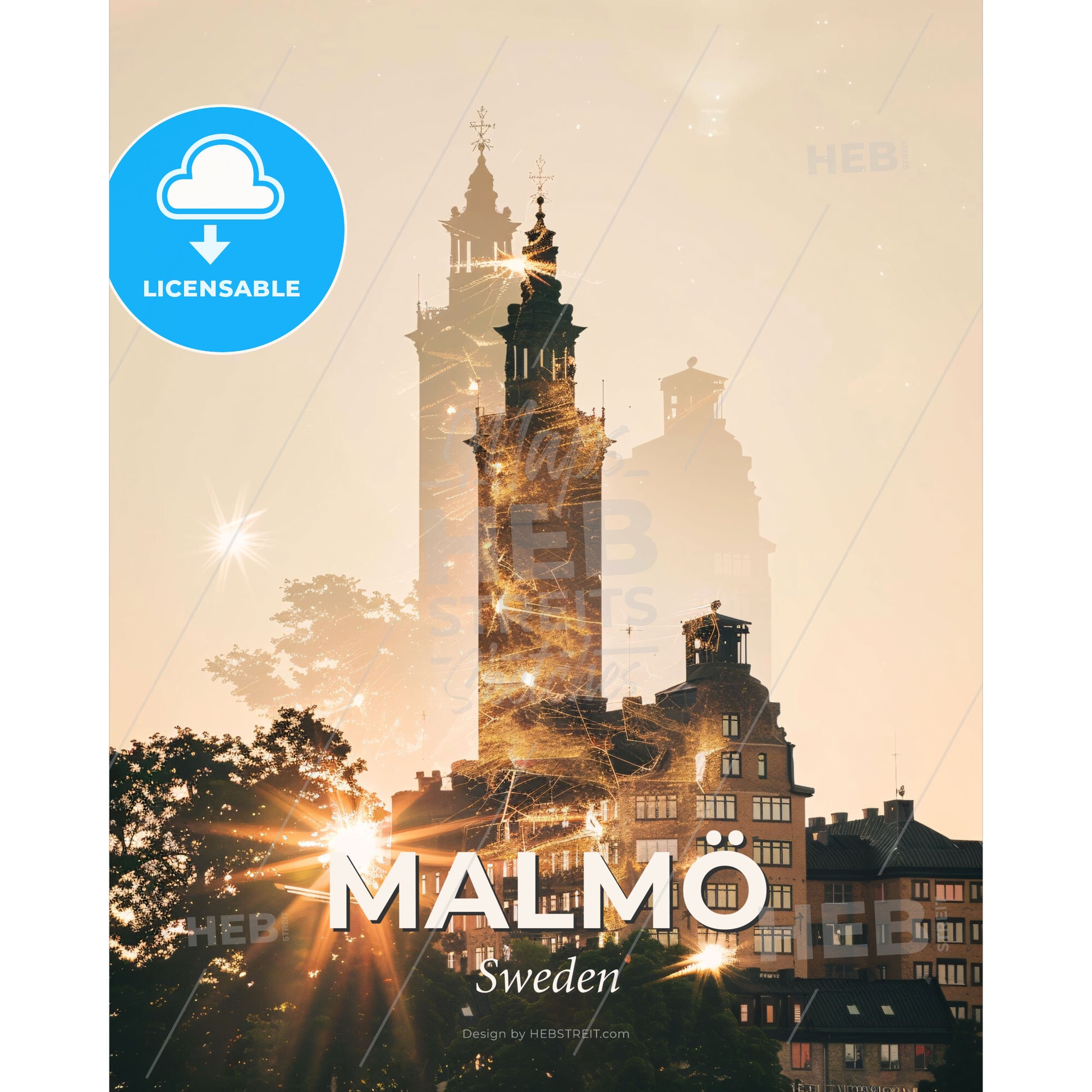 Malmö Cityscape: Subtle Lights, Local Colors - A tall building with a tower and trees - Square format print template