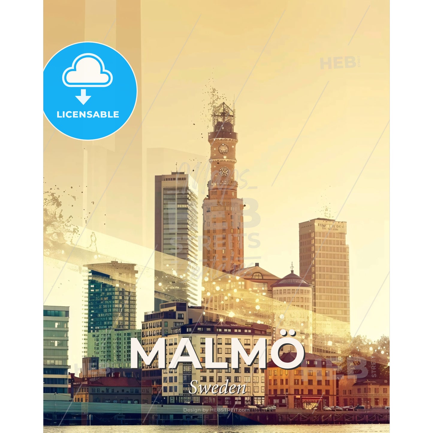 MalmÃ¶ Skyline Double Exposure Poster - A city skyline with a clock tower - Square format print template