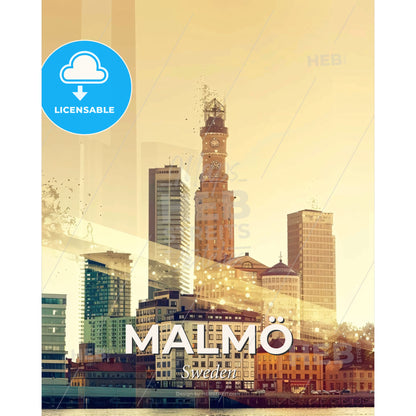 MalmÃ¶ Skyline Double Exposure Poster - A city skyline with a clock tower - Square format print template