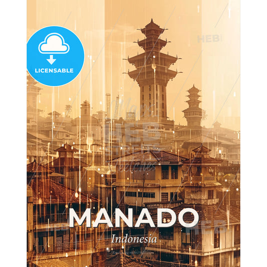 Manado Skyline Double Exposure Art Deco Poster - A city with tall towers and roofs - Square format print template