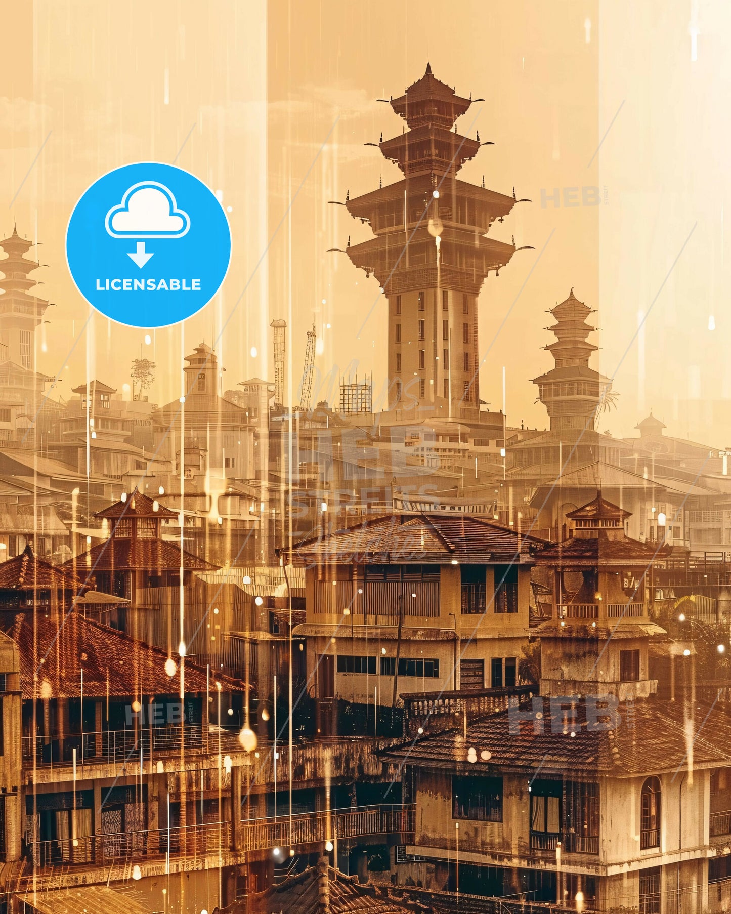 Manado Skyline Double Exposure Art Deco Poster - A city with tall towers and roofs