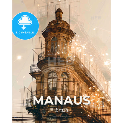 Manaus City Skyline Double Exposure Art - A building with a balcony and a firework - Square format print template