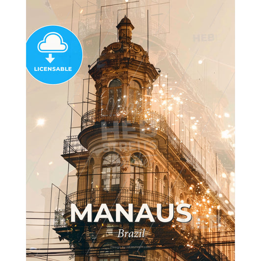 Manaus City Skyline Double Exposure Art - A building with a balcony and a firework - Square format print template