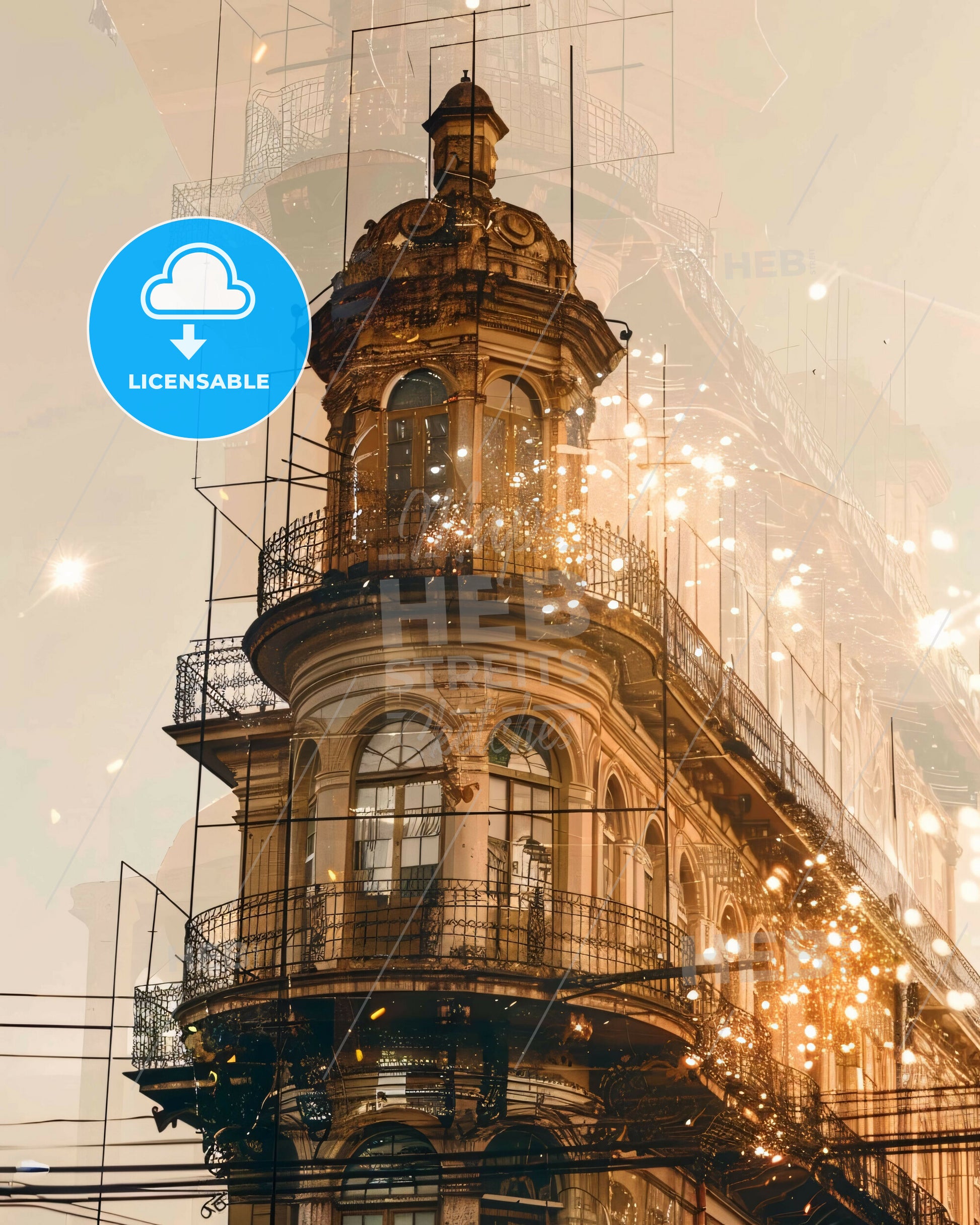 Manaus City Skyline Double Exposure Art - A building with a balcony and a firework