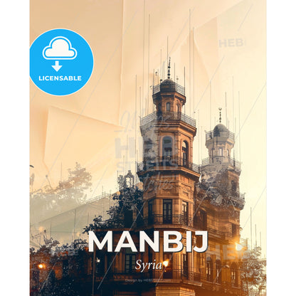 Manbijs Skyline Art Deco Bright Illuminations - A building with towers and a street light - Square format print template