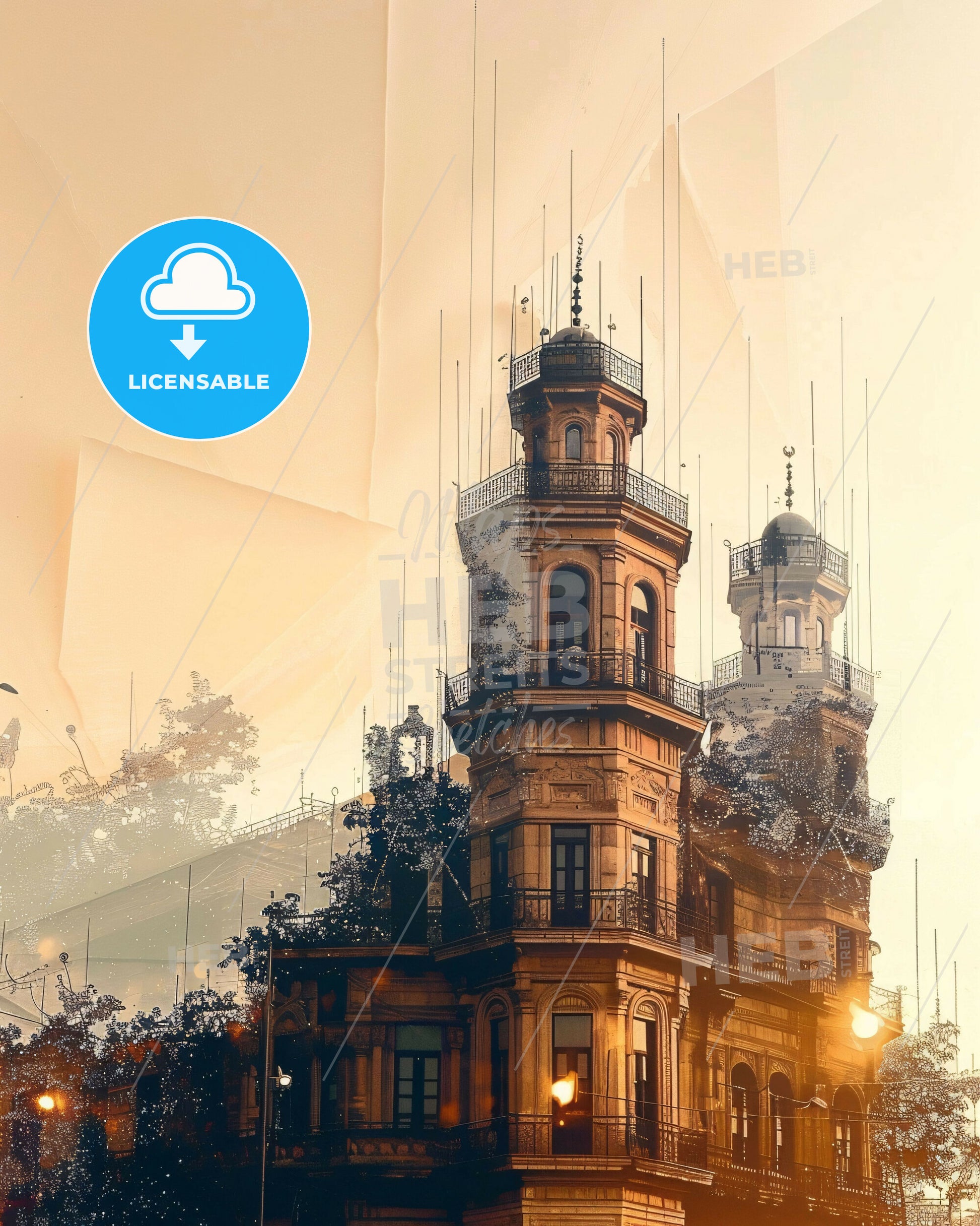 Manbijs Skyline Art Deco Bright Illuminations - A building with towers and a street light