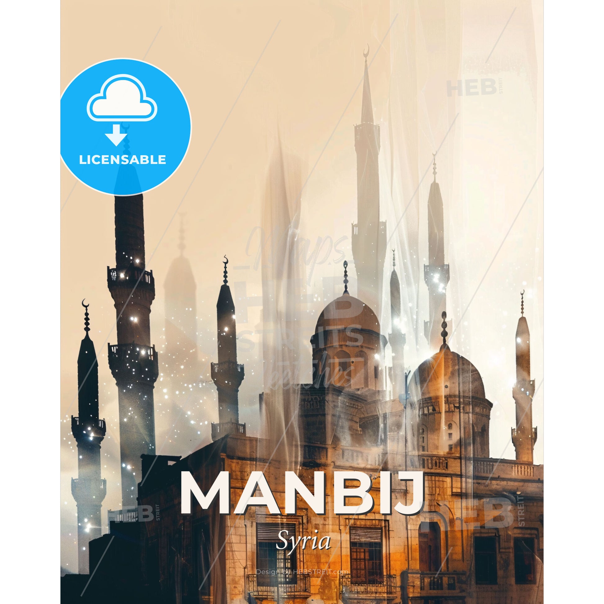 Manbij, Syria Skyline Composite Art Poster - A building with towers and a light behind it - Square format print template