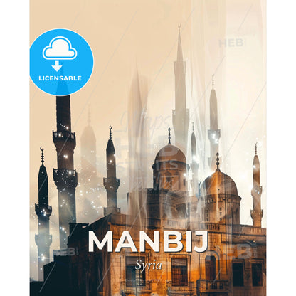 Manbij, Syria Skyline Composite Art Poster - A building with towers and a light behind it - Square format print template
