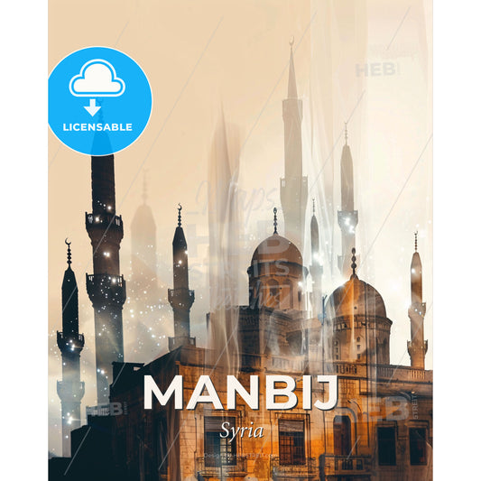 Manbij, Syria Skyline Composite Art Poster - A building with towers and a light behind it - Square format print template