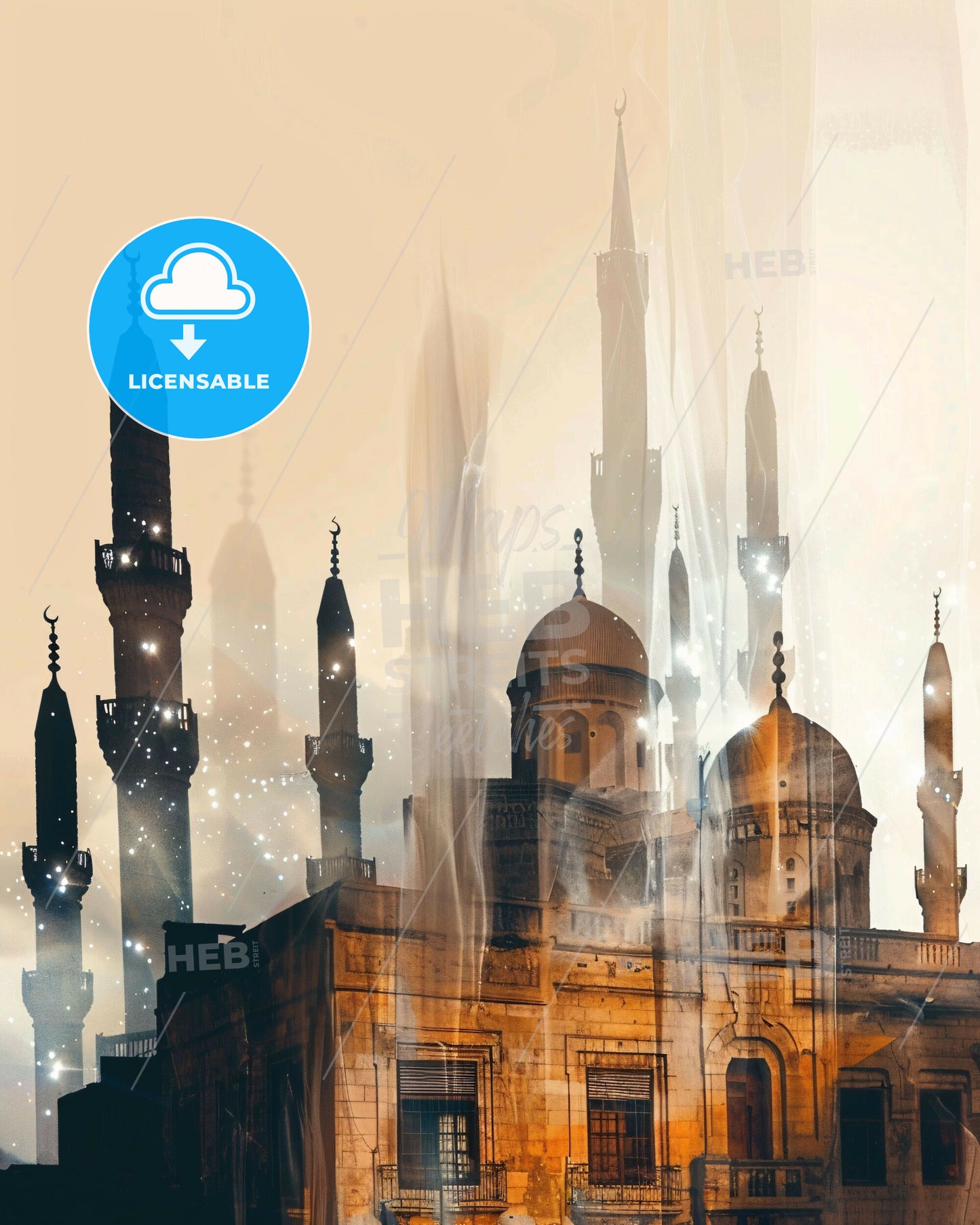 Manbij, Syria Skyline Composite Art Poster - A building with towers and a light behind it