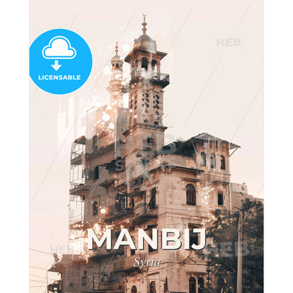 Manbij Skyline Artwork: Vibrant Poster With Local Flair - A building with a tower - Square format print template