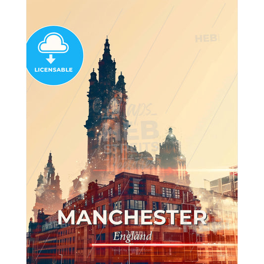 Manchester Skyline Double Exposure Art Print - A double exposure of a large building with a clock tower - Square format print template