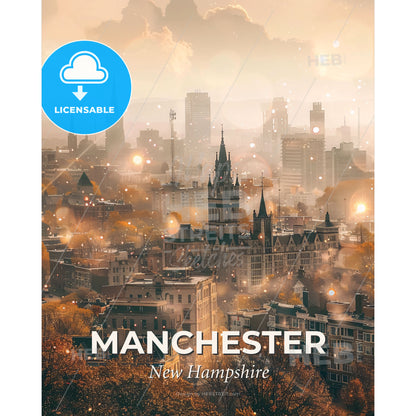 Manchester City Skyline Sparkle Poster - A city with many tall buildings and trees - Square format print template