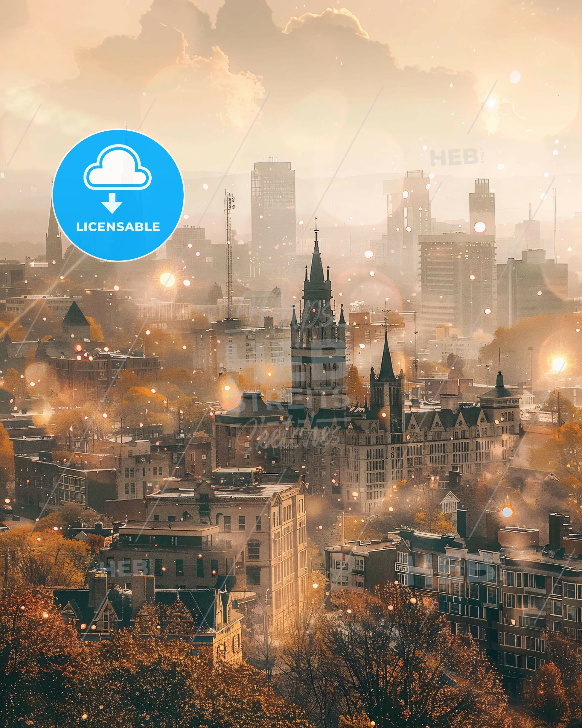 Manchester City Skyline Sparkle Poster - A city with many tall buildings and trees