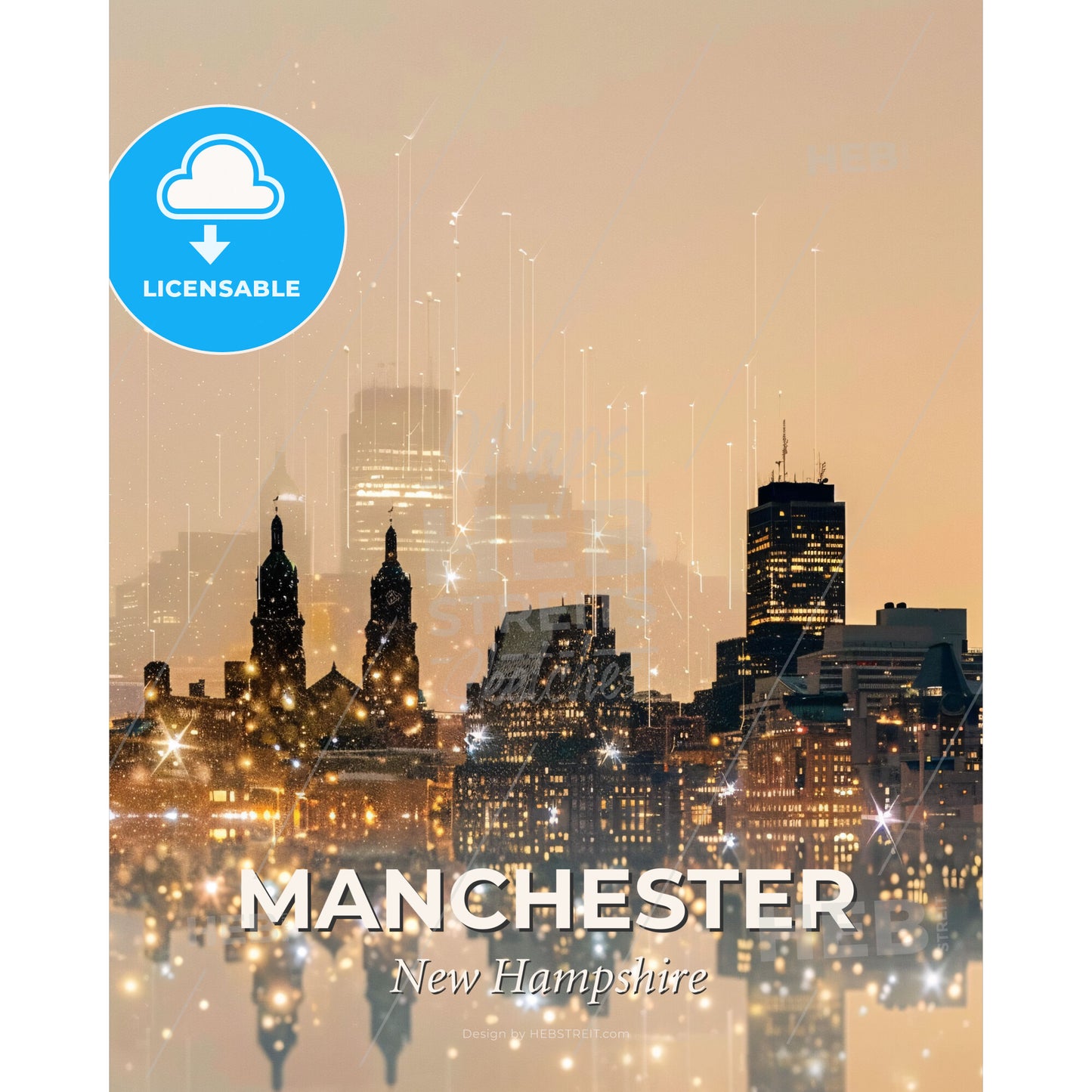Manchester Symphony: City Skyline & Architectural Icons on Beige - A city skyline with lights and stars - Square format print template