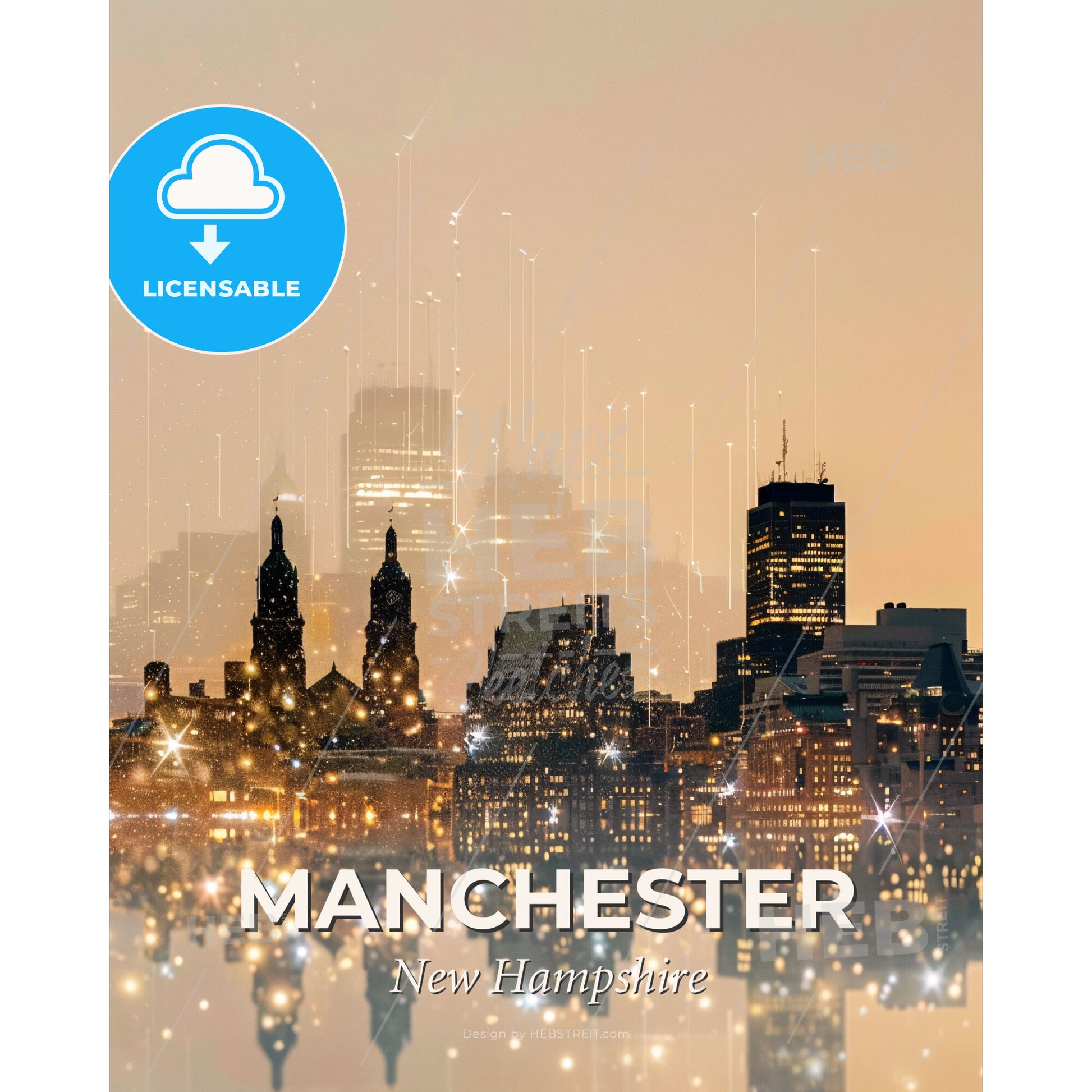 Manchester Symphony: City Skyline & Architectural Icons on Beige - A city skyline with lights and stars - Square format print template