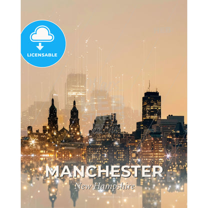 Manchester Symphony: City Skyline & Architectural Icons on Beige - A city skyline with lights and stars - Square format print template
