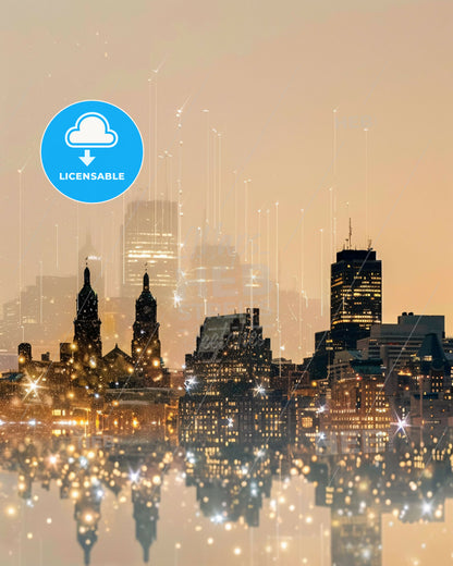 Manchester Symphony: City Skyline & Architectural Icons on Beige - A city skyline with lights and stars