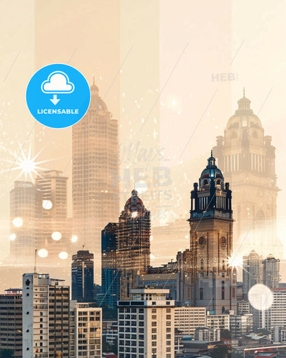 Manila Skyline Double Exposure Composite Art Poster - A city skyline with many tall buildings