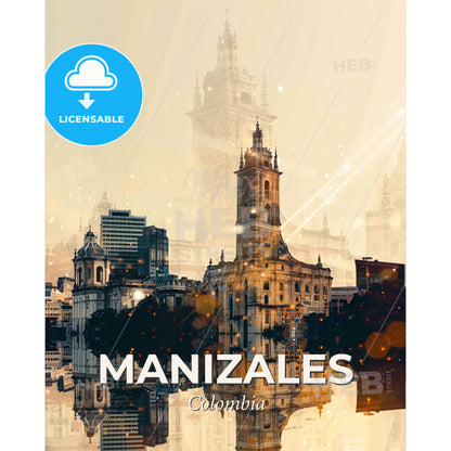 Manizales City Skyline Local Icons Art Poster - A city with a tower and a large building - Square format print template