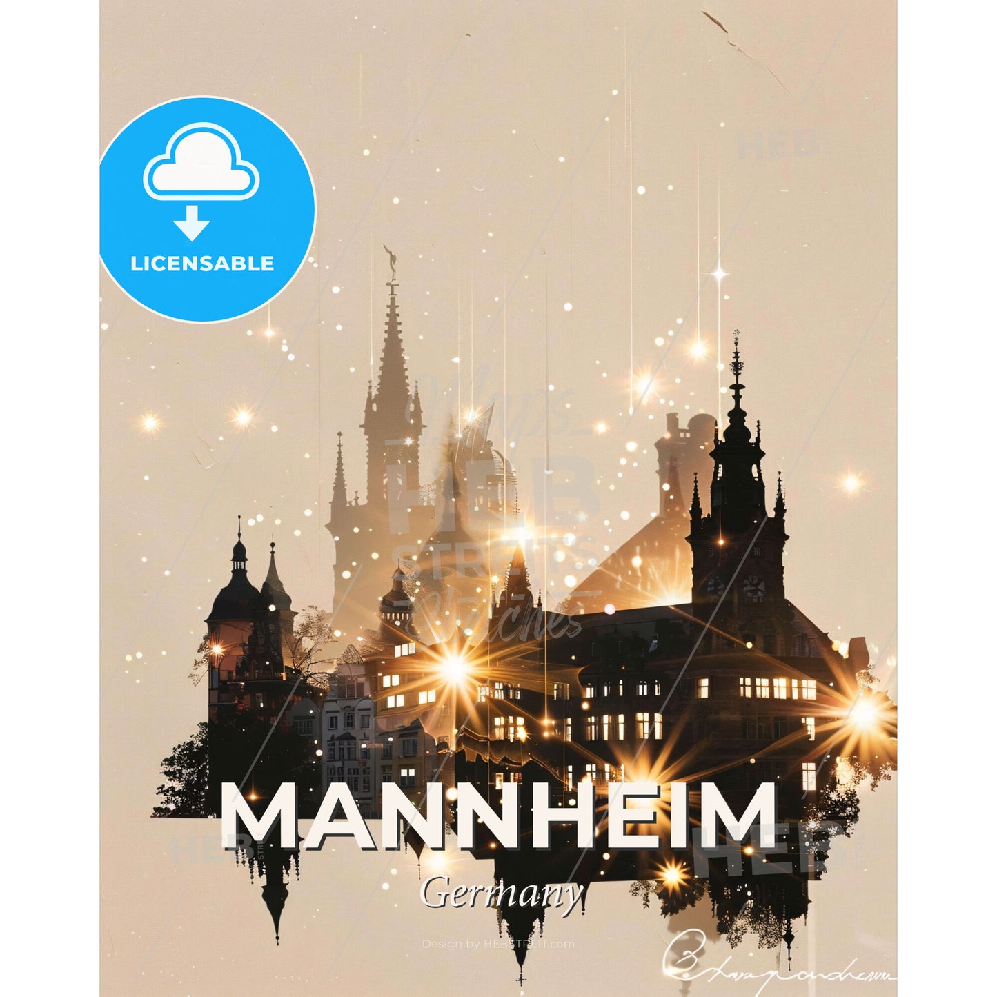 Mannheim Skyline Composite Art with Beige and Sparkle - A silhouette of a building with many lights - Square format print template