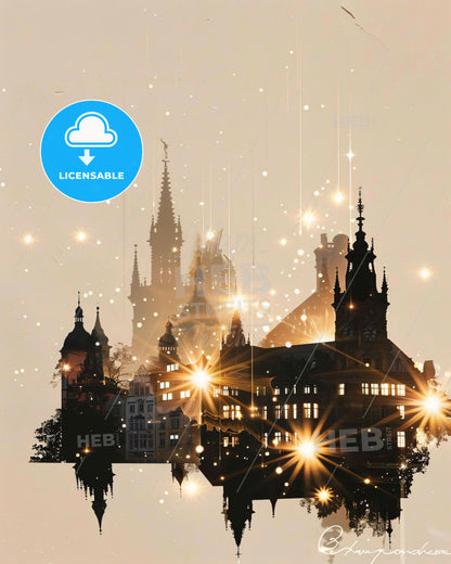 Mannheim Skyline Composite Art with Beige and Sparkle - A silhouette of a building with many lights