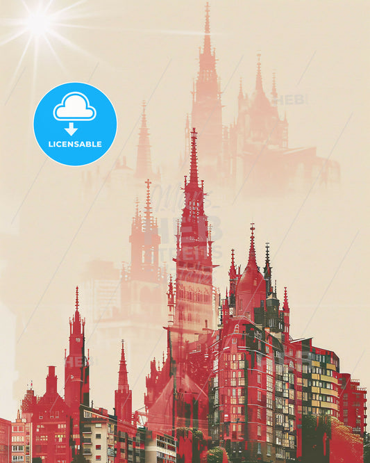 Mannheim Skyline Impression. Muted Beige Background. - A city with many towers