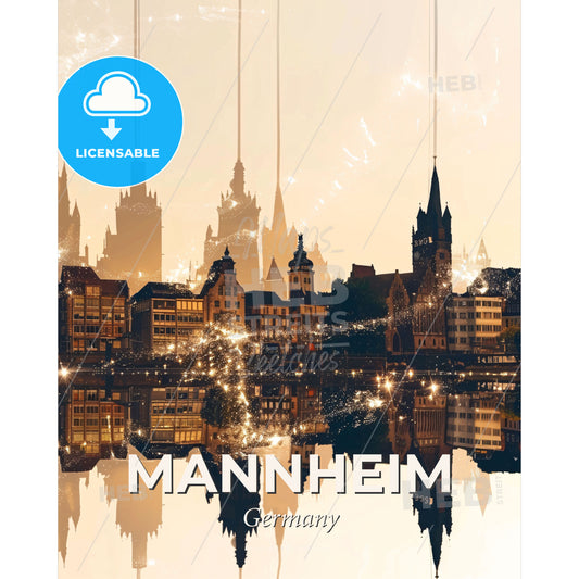 Mannheim Skyline Double Exposure Cityscape Art Poster - A city with many towers and lights reflecting in water - Square format print template