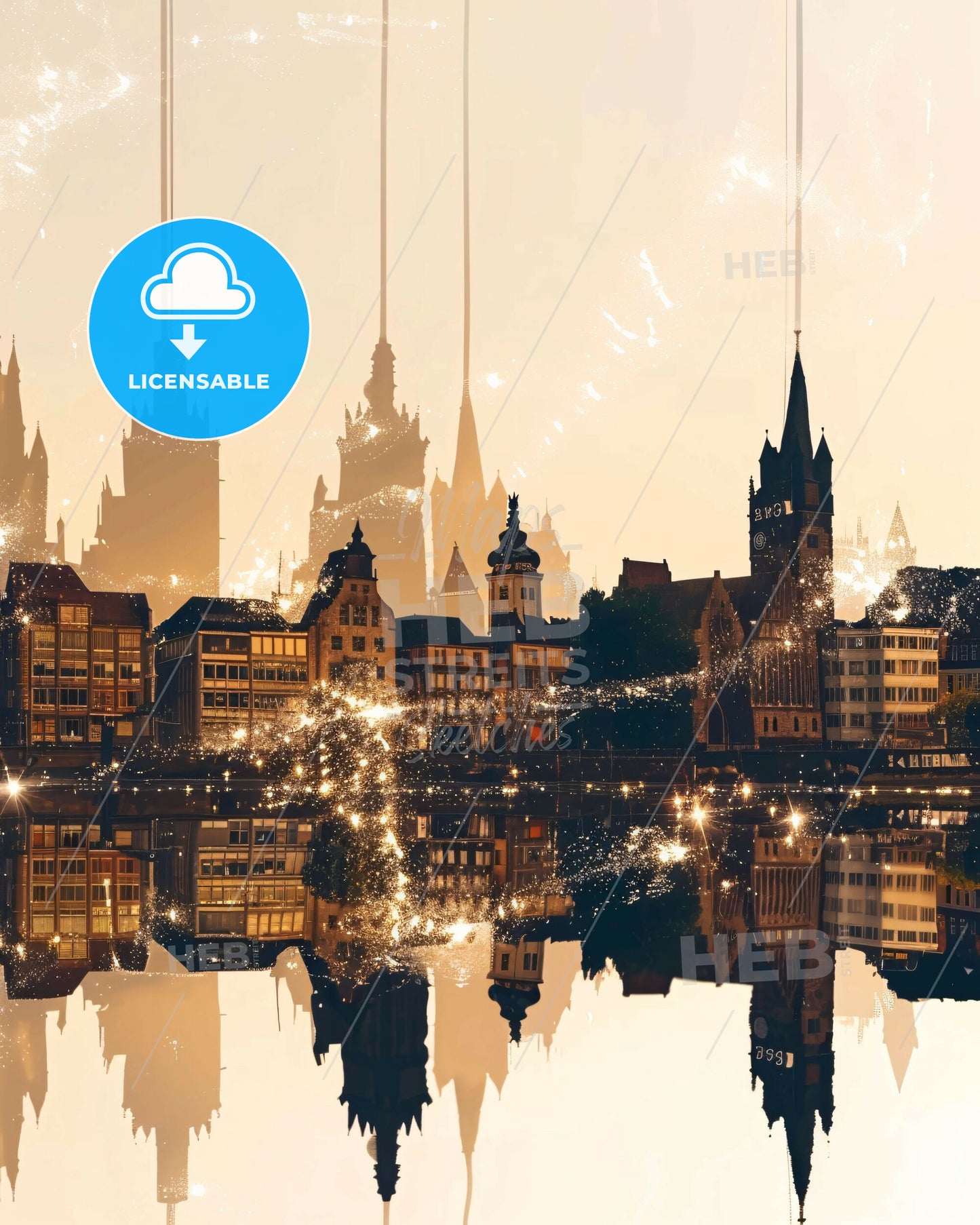 Mannheim Skyline Double Exposure Cityscape Art Poster - A city with many towers and lights reflecting in water