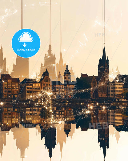Mannheim Skyline Double Exposure Cityscape Art Poster - A city with many towers and lights reflecting in water