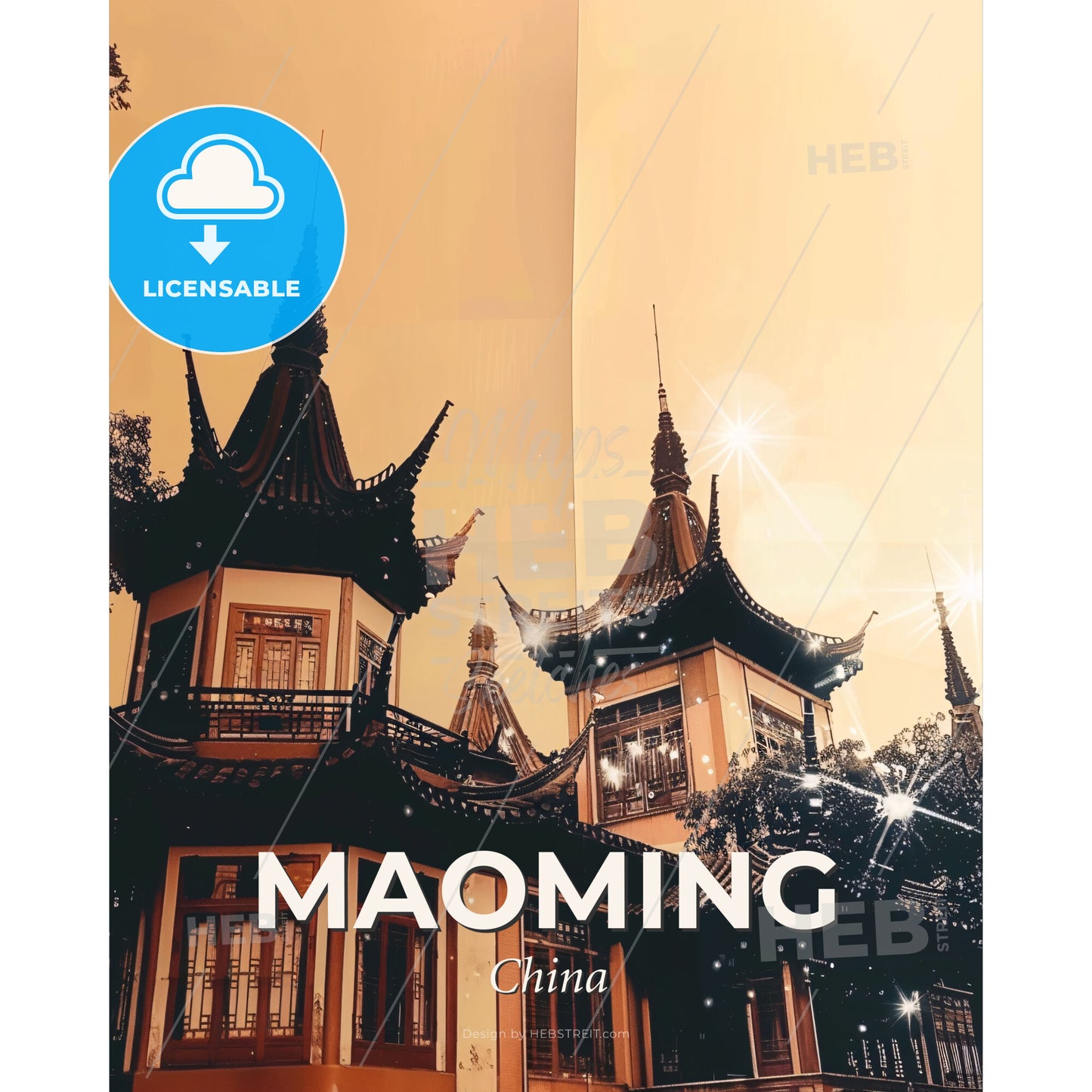 Maoming Skyline Double Exposure Poster Art - A building with a roof - Square format print template