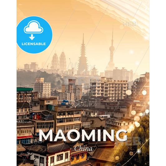 Maoming City Skyline Double Exposure Art Poster - A city with buildings and a city skyline - Square format print template