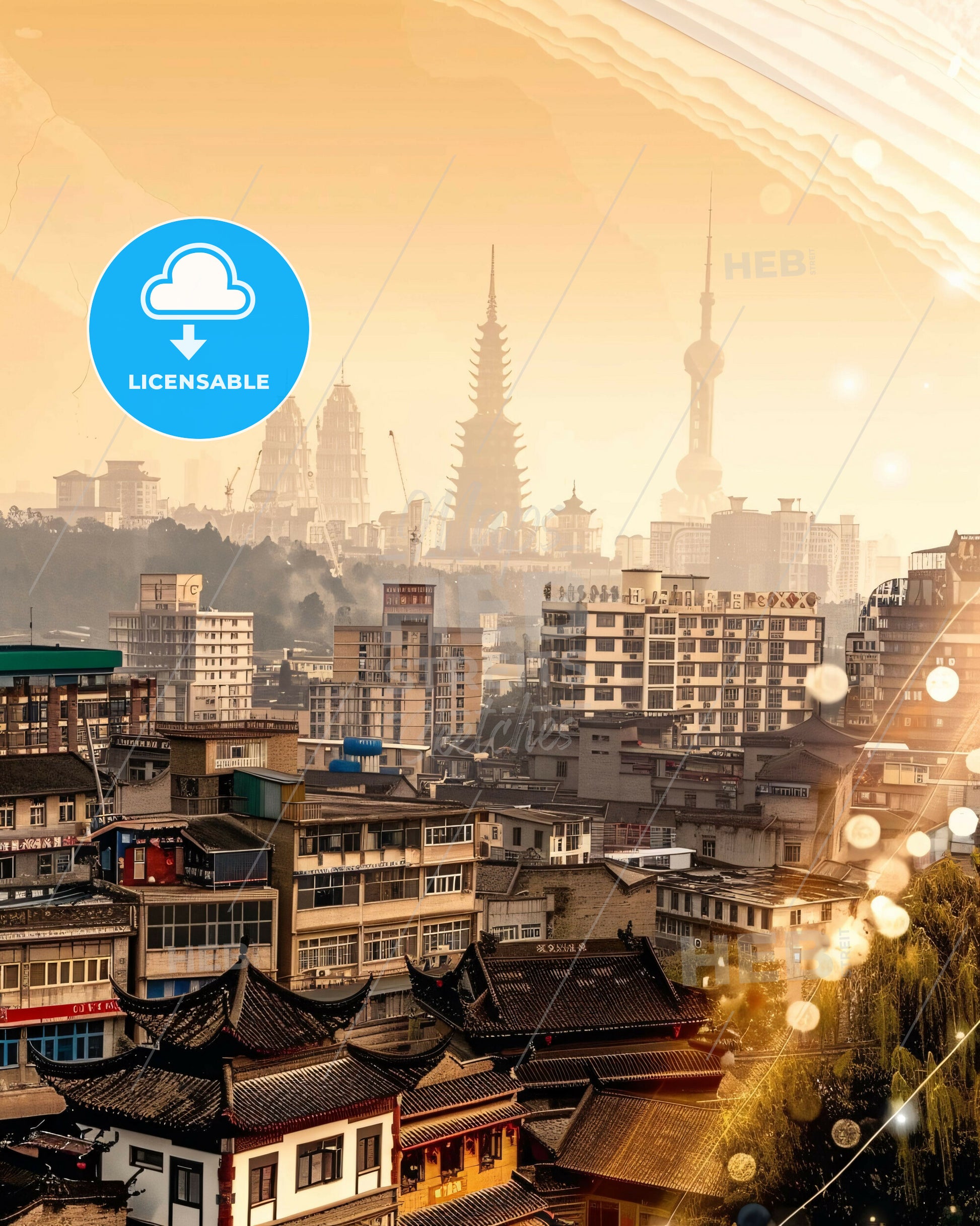 Maoming City Skyline Double Exposure Art Poster - A city with buildings and a city skyline