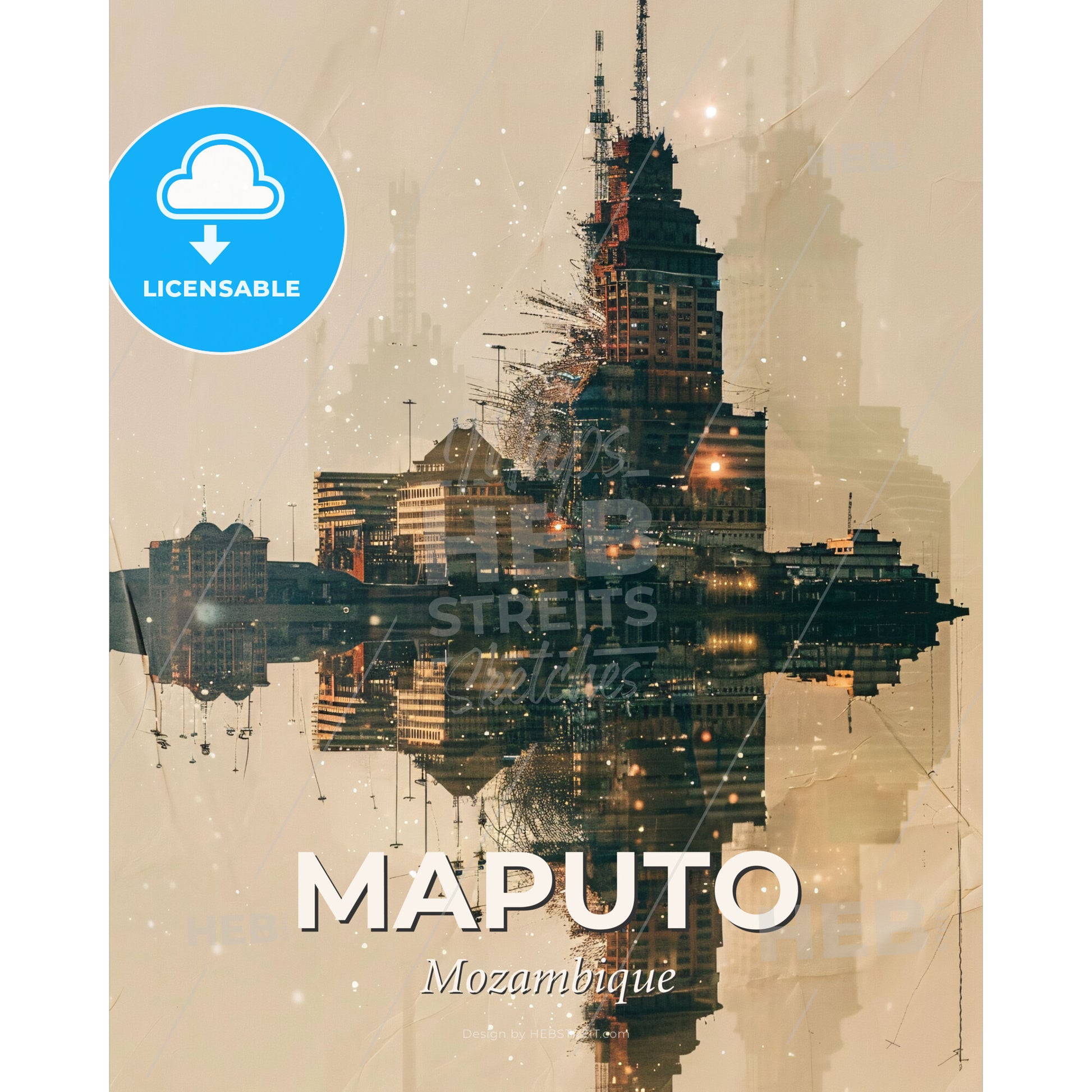 Maputo Skyline Double Exposure Composite Art - A reflection of a city in water - Square format print template