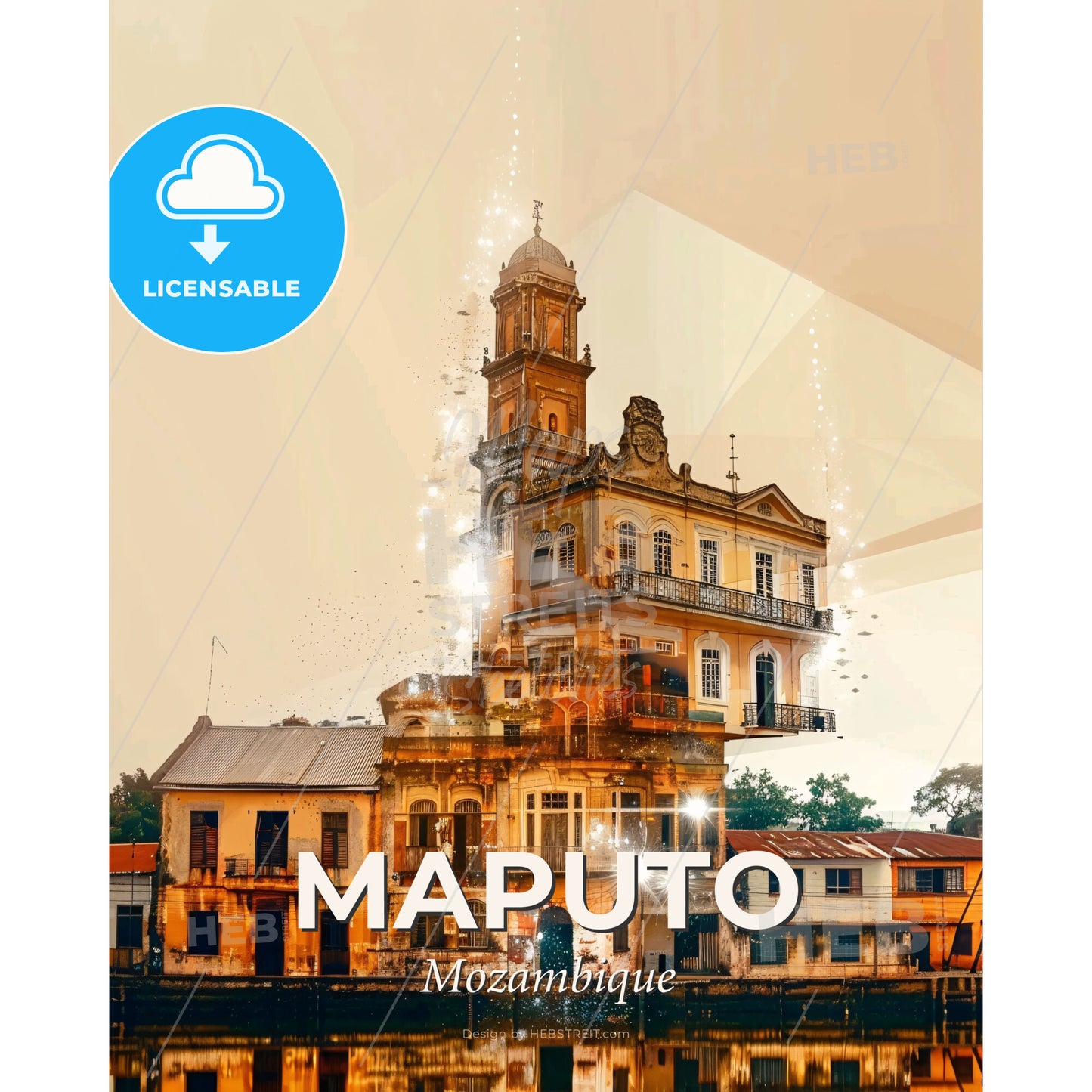 Maputo City Skyline Double Exposure Print - A building with a tower - Square format print template