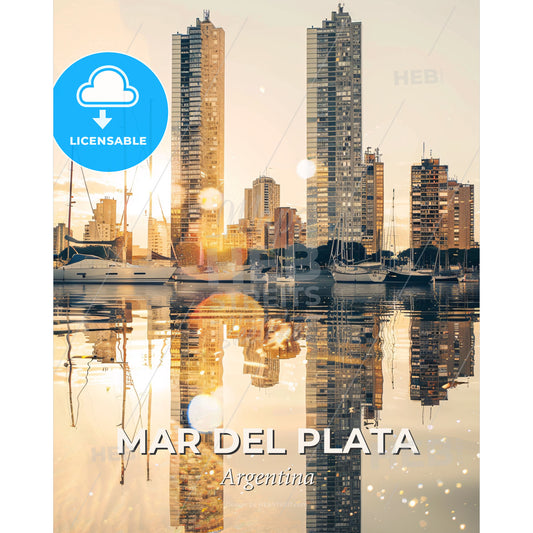 Mar del Plata Cityscape Artwork: Mar del Plata, Argentina - A city skyline with boats on the water - Square format print template