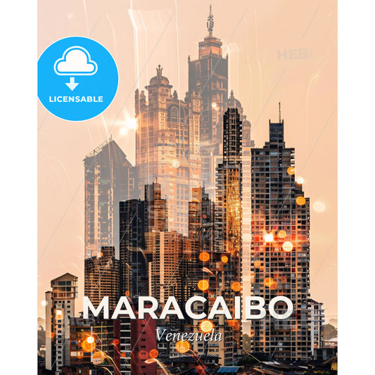 Maracaibo Vibrance: City Icons in Double Exposure - A city skyline with many tall buildings - Square format print template