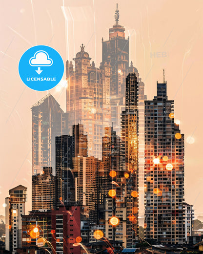 Maracaibo Vibrance: City Icons in Double Exposure - A city skyline with many tall buildings