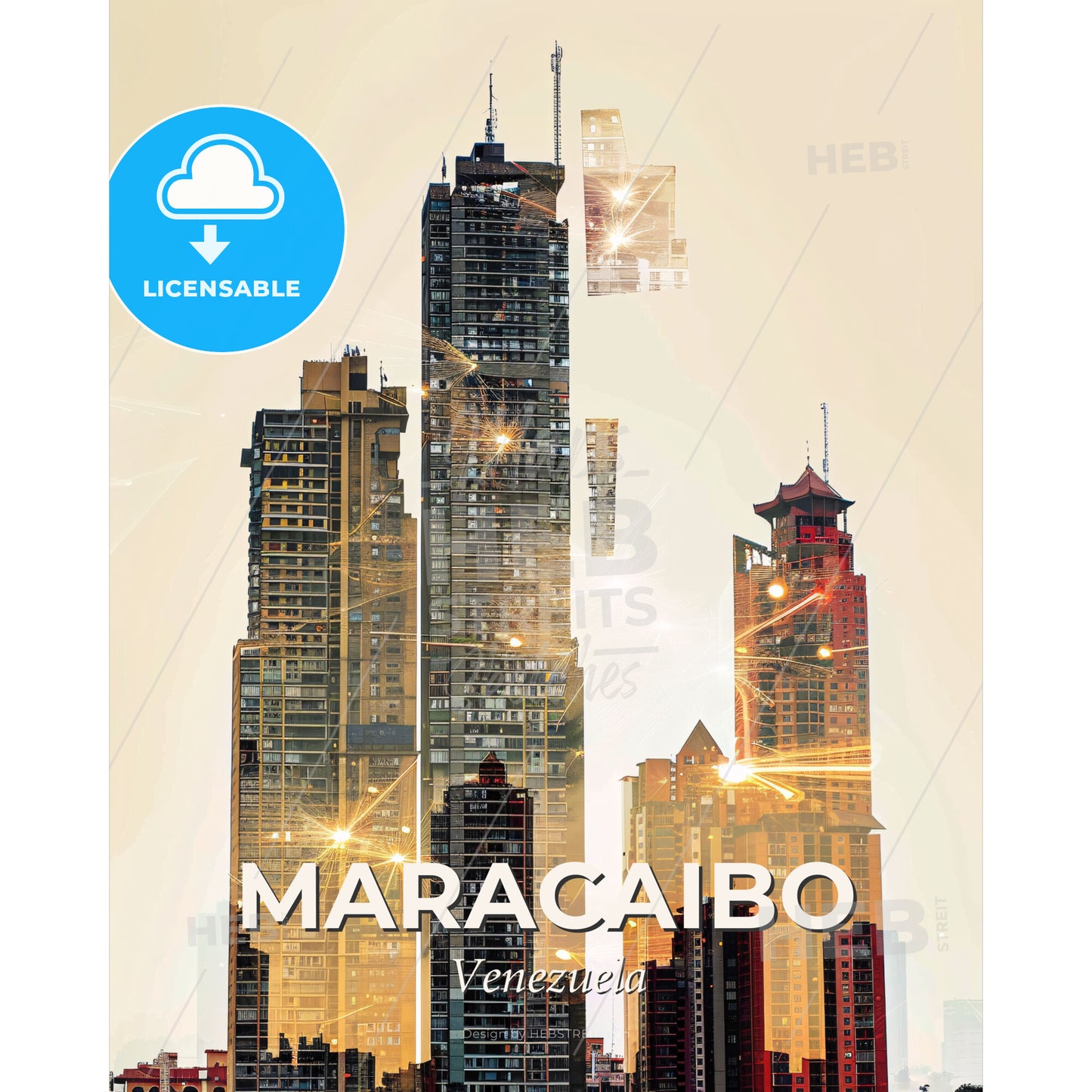 Maracaibo City Skyline Contemporary Double Exposure Art - A city skyline with many tall buildings - Square format print template