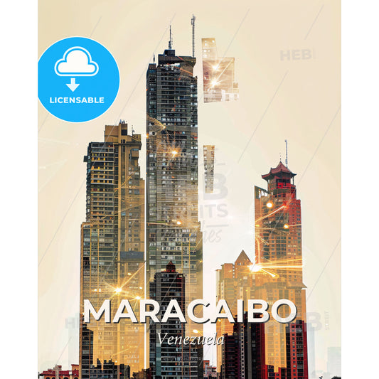 Maracaibo City Skyline Contemporary Double Exposure Art - A city skyline with many tall buildings - Square format print template