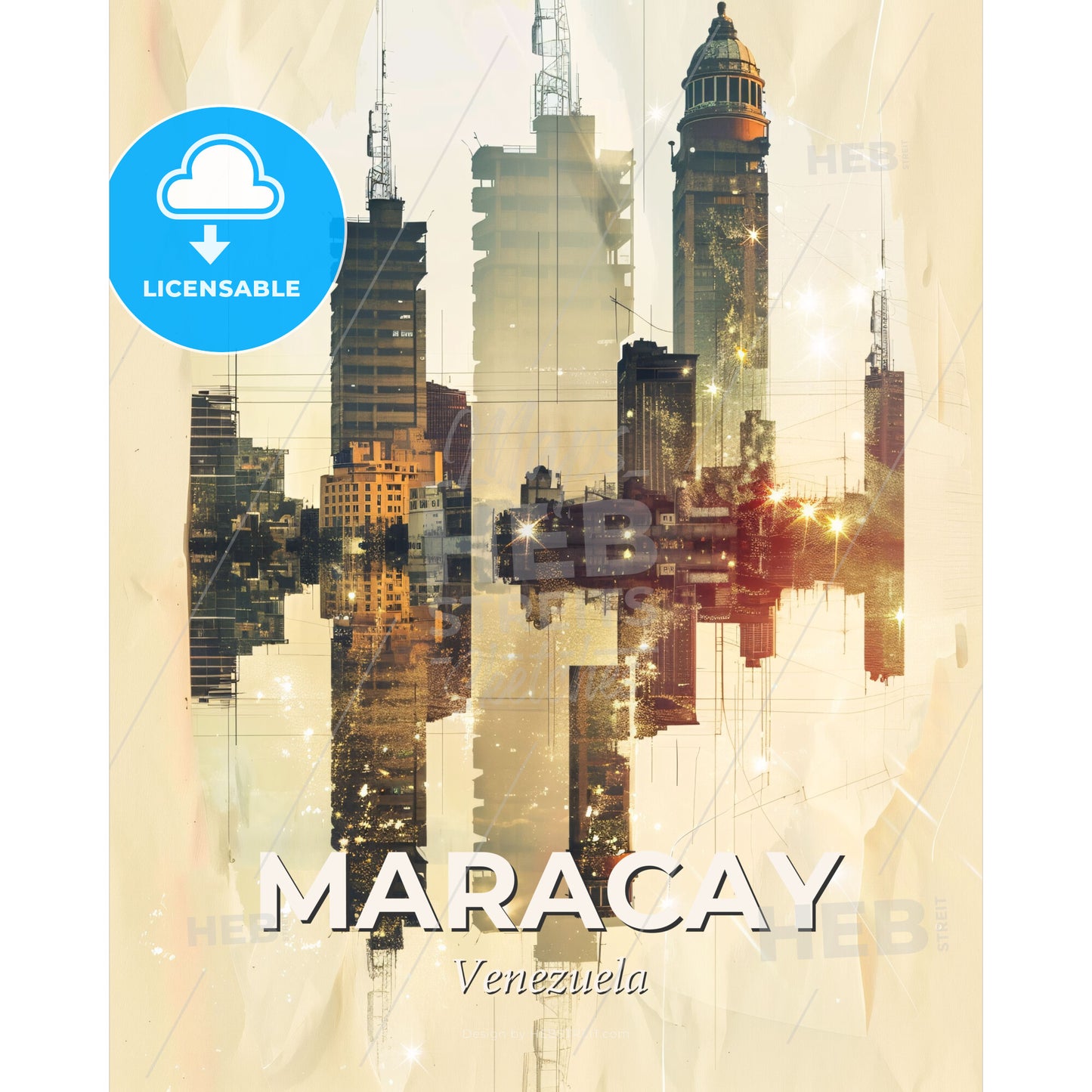 Maracay Skyline Double Exposure Art Cityscape - A city skyline with many tall buildings reflected in water - Square format print template
