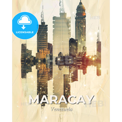 Maracay Skyline Double Exposure Art Cityscape - A city skyline with many tall buildings reflected in water - Square format print template