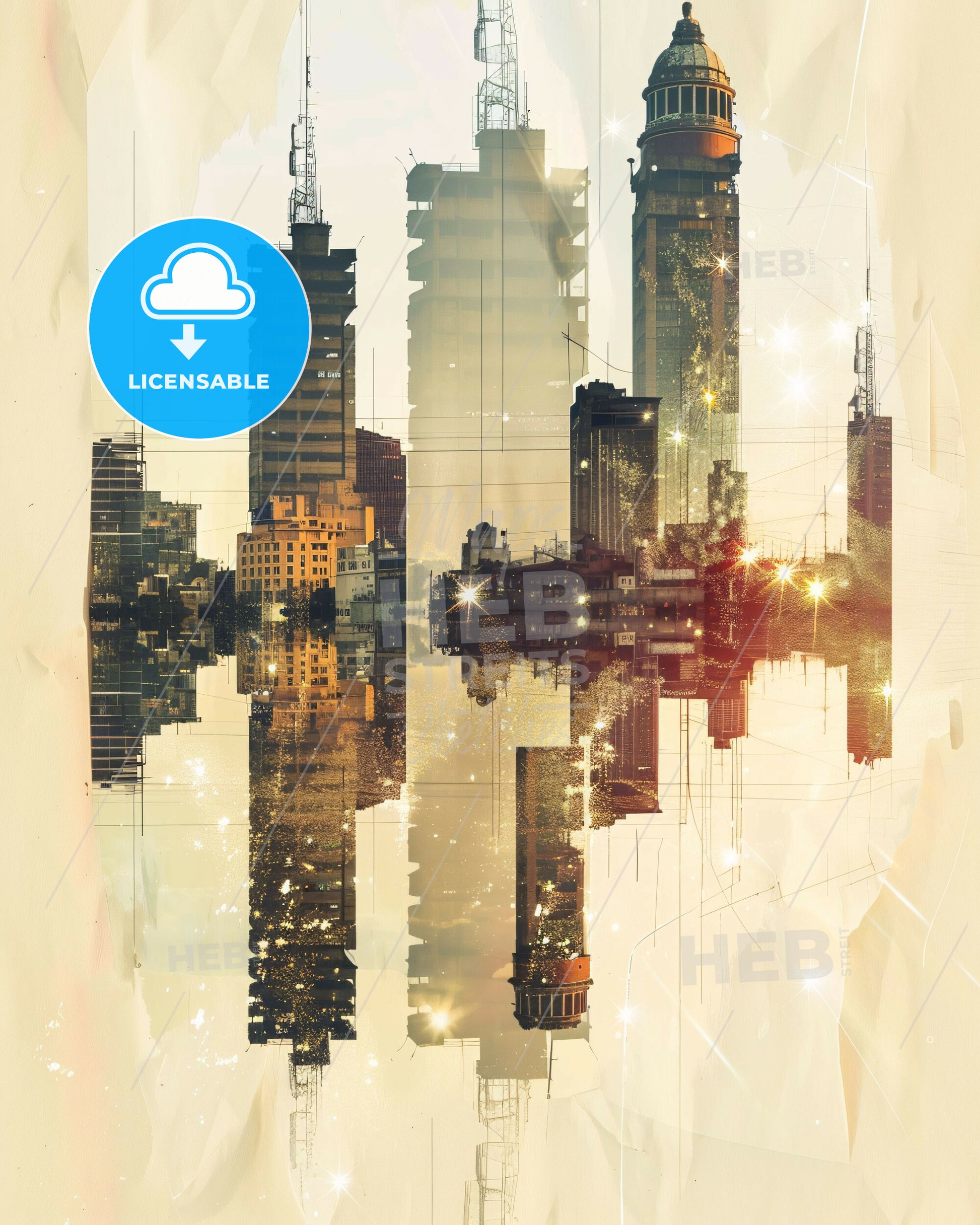 Maracay Skyline Double Exposure Art Cityscape - A city skyline with many tall buildings reflected in water