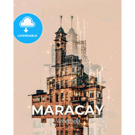 Maracay Skyline Double Exposure Cityscape - A building with a clock tower - Square format print template