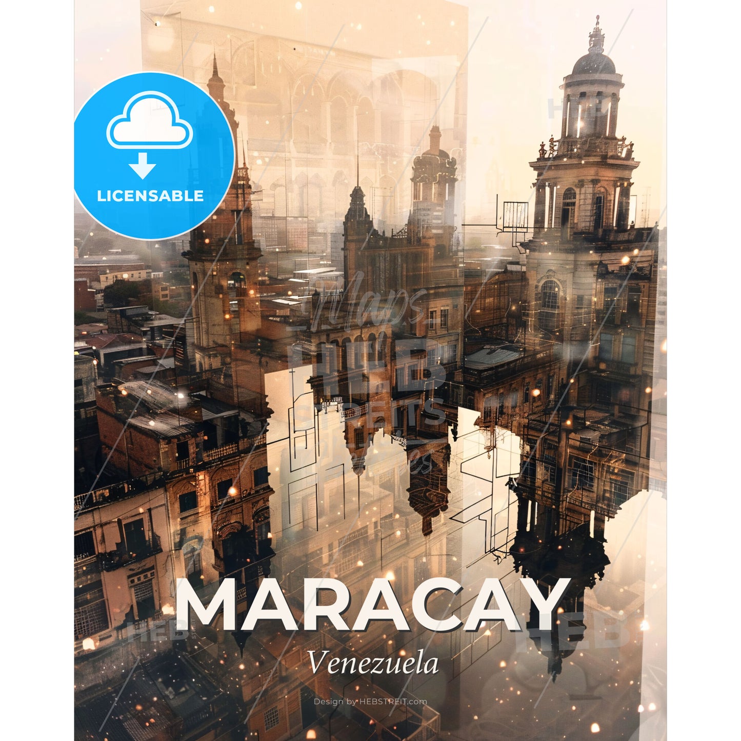 Maracay Skyline Composite Artwork with Sparkle - A city with many buildings - Square format print template
