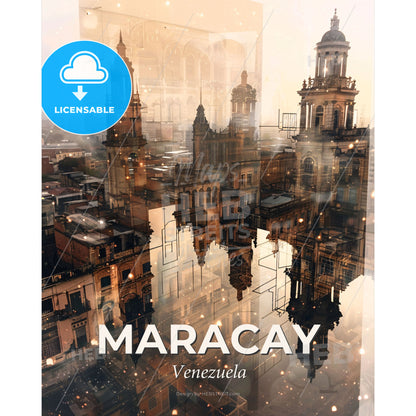 Maracay Skyline Composite Artwork with Sparkle - A city with many buildings - Square format print template
