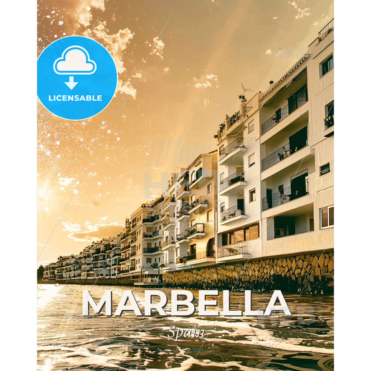 Marbella, Spain: Double Exposure City Panorama - A body of water with buildings and sun shining - Square format print template